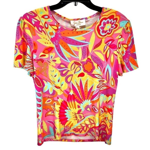 Julie Brown Marty Amalfi Floral Print Crew Neck Short Puff Sleeve Tee Large NWT - Picture 4 of 11